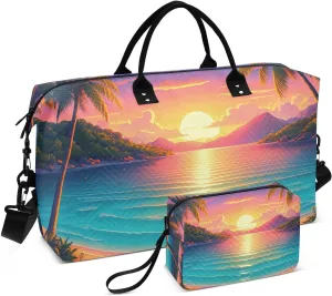 Coconut Sea Sunset Orange Travel Duffel Bag with Toiletry Bag Weekender Bag for Carry on Sports Gym Bag for Weekend Travel Gym