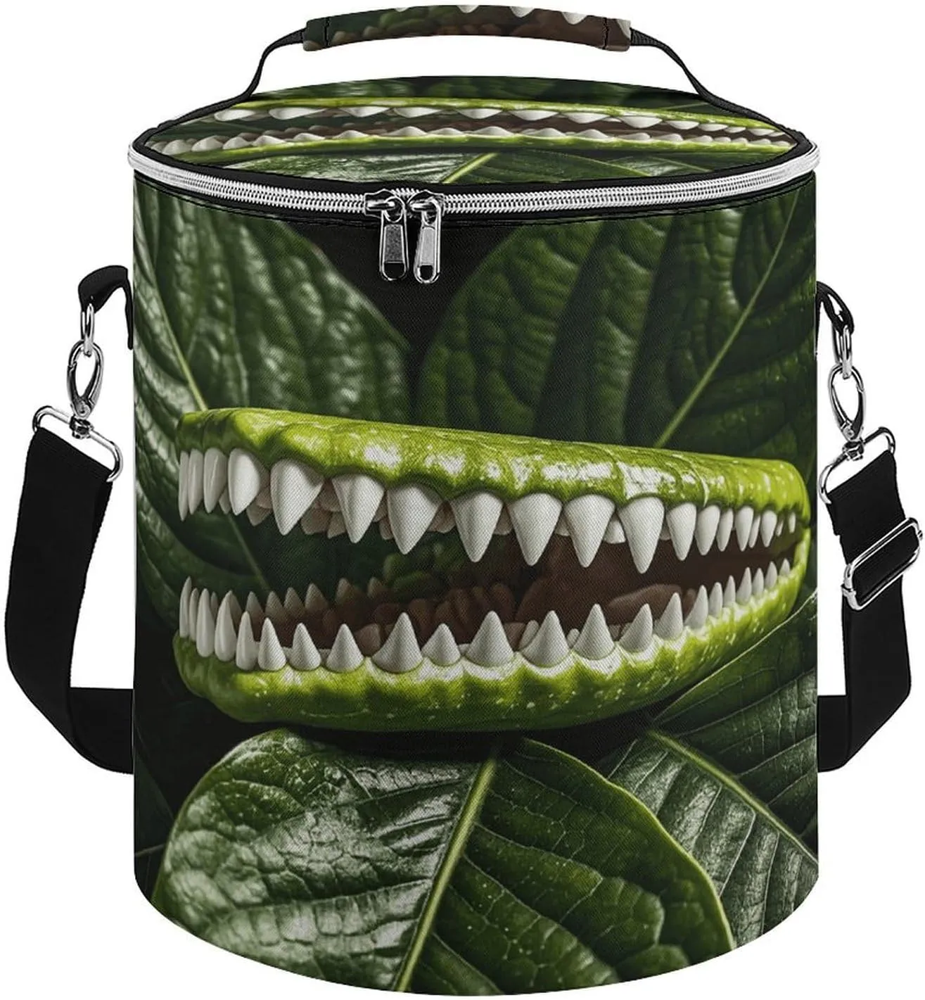 Collapsible Insulated Cooler Bag Plants with Sharp Teeth Print Leakproof Soft Cooler Bag Round Casserole Carrier for Hot & Cold Food