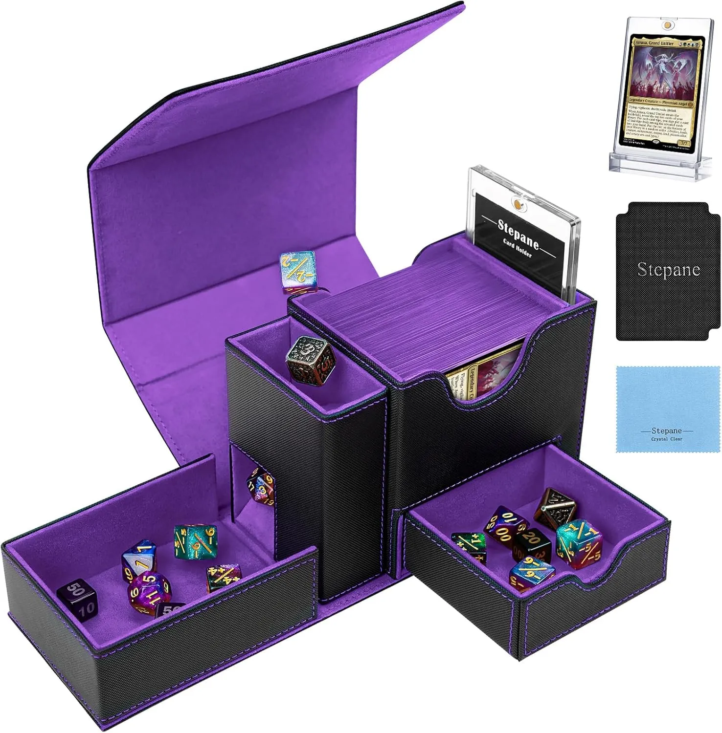 Collectible Trading Card Cases, Exclusive Patent for Card Deck Boxes, Fits 120  Single Sleeved Cards with Dice Tower and Tray Black/Violet