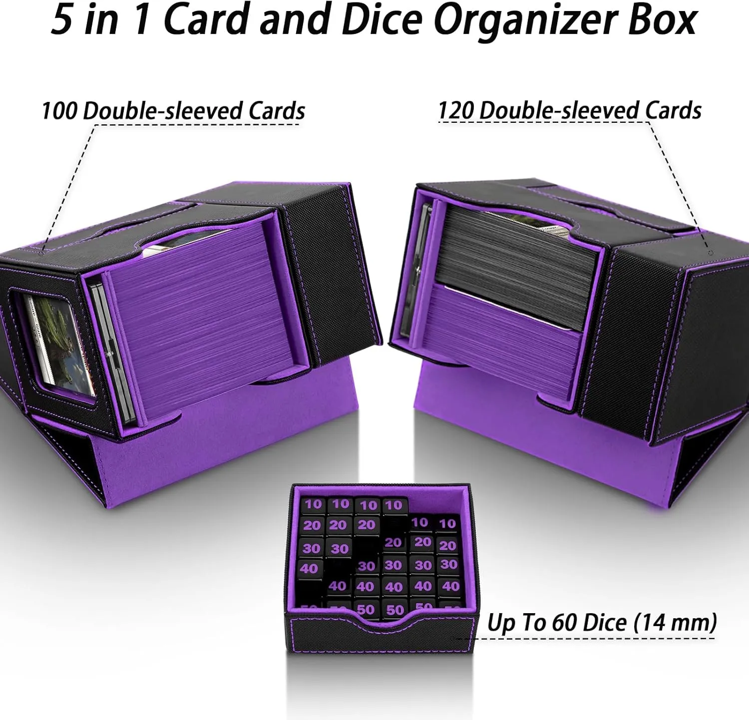 Collectible Trading Card Cases, Exclusive Patent for Card Deck Boxes, Fits 120  Single Sleeved Cards with Dice Tower and Tray Black/Violet