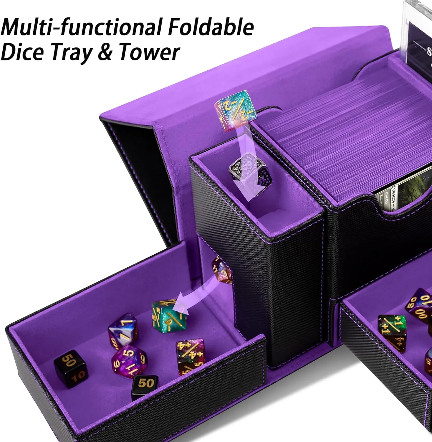 Collectible Trading Card Cases, Exclusive Patent for Card Deck Boxes, Fits 120  Single Sleeved Cards with Dice Tower and Tray Black/Violet