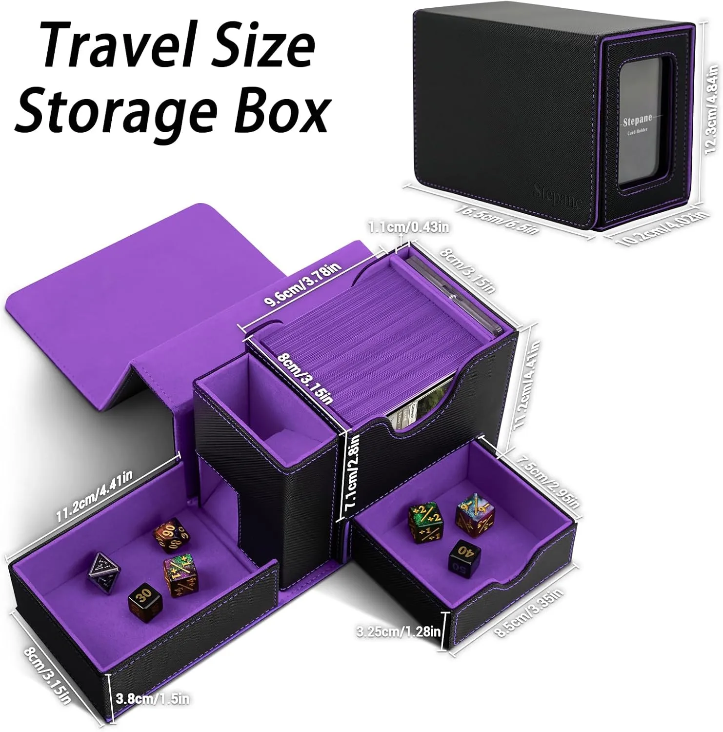Collectible Trading Card Cases, Exclusive Patent for Card Deck Boxes, Fits 120  Single Sleeved Cards with Dice Tower and Tray Black/Violet