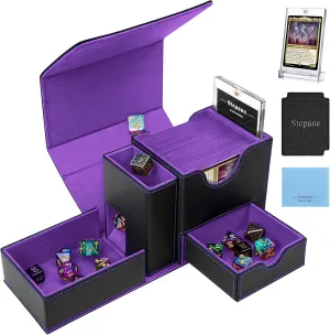 Collectible Trading Card Cases, Exclusive Patent for Card Deck Boxes, Fits 120  Single Sleeved Cards with Dice Tower and Tray Black/Violet