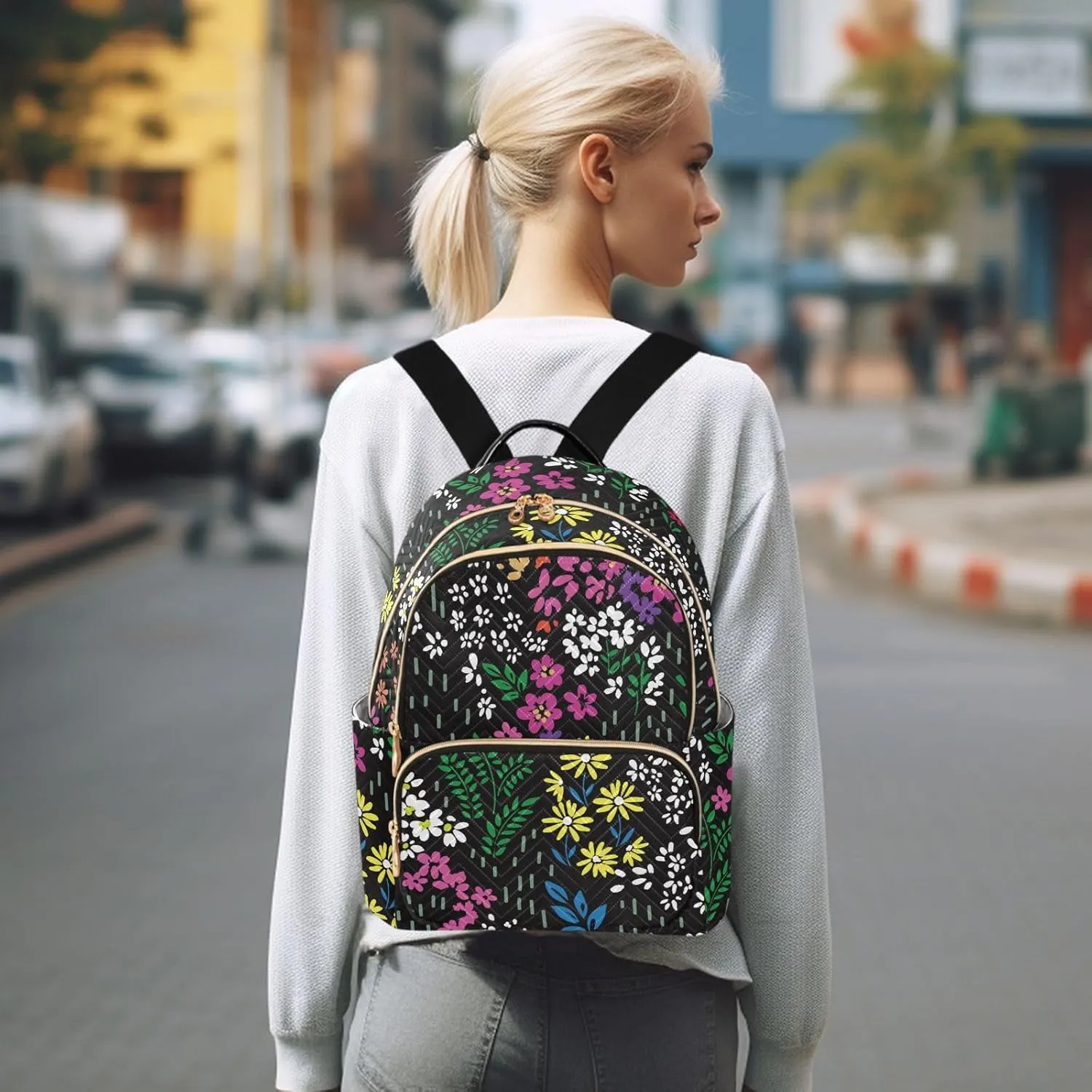 Colorful Ditsy Flower Print Mini Backpack for Women, Travel Backpack Purse for Ladies Fashion Shoulder Bag Daypack Travel Bag