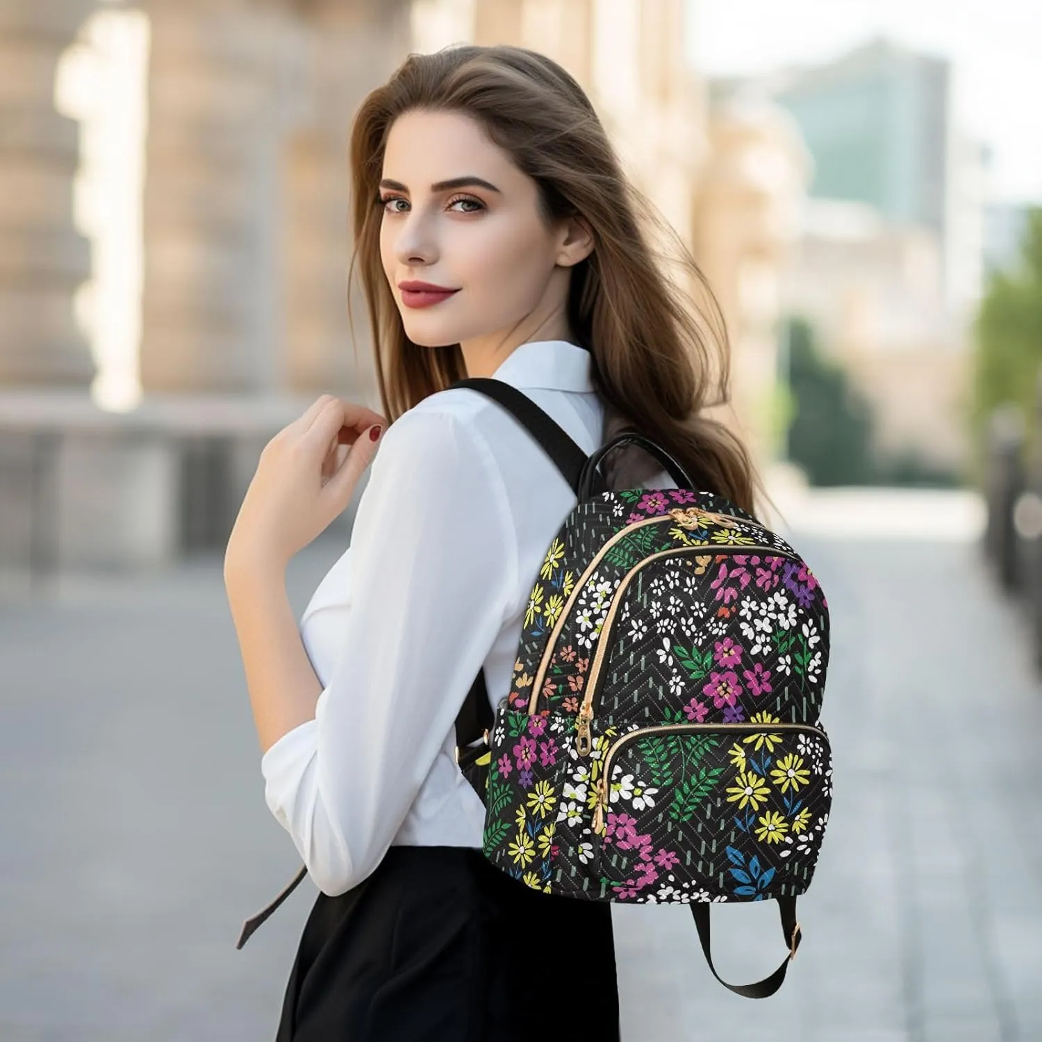 Colorful Ditsy Flower Print Mini Backpack for Women, Travel Backpack Purse for Ladies Fashion Shoulder Bag Daypack Travel Bag