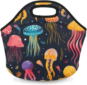 Colorful Jellyfish Neoprene Lunch Bag Reusable Lunch Tote Bag Insulated Thermal Meal Bag Lightweight Lunch Box Cooler Bag for Women Men Picnic Travel Work Outdoor