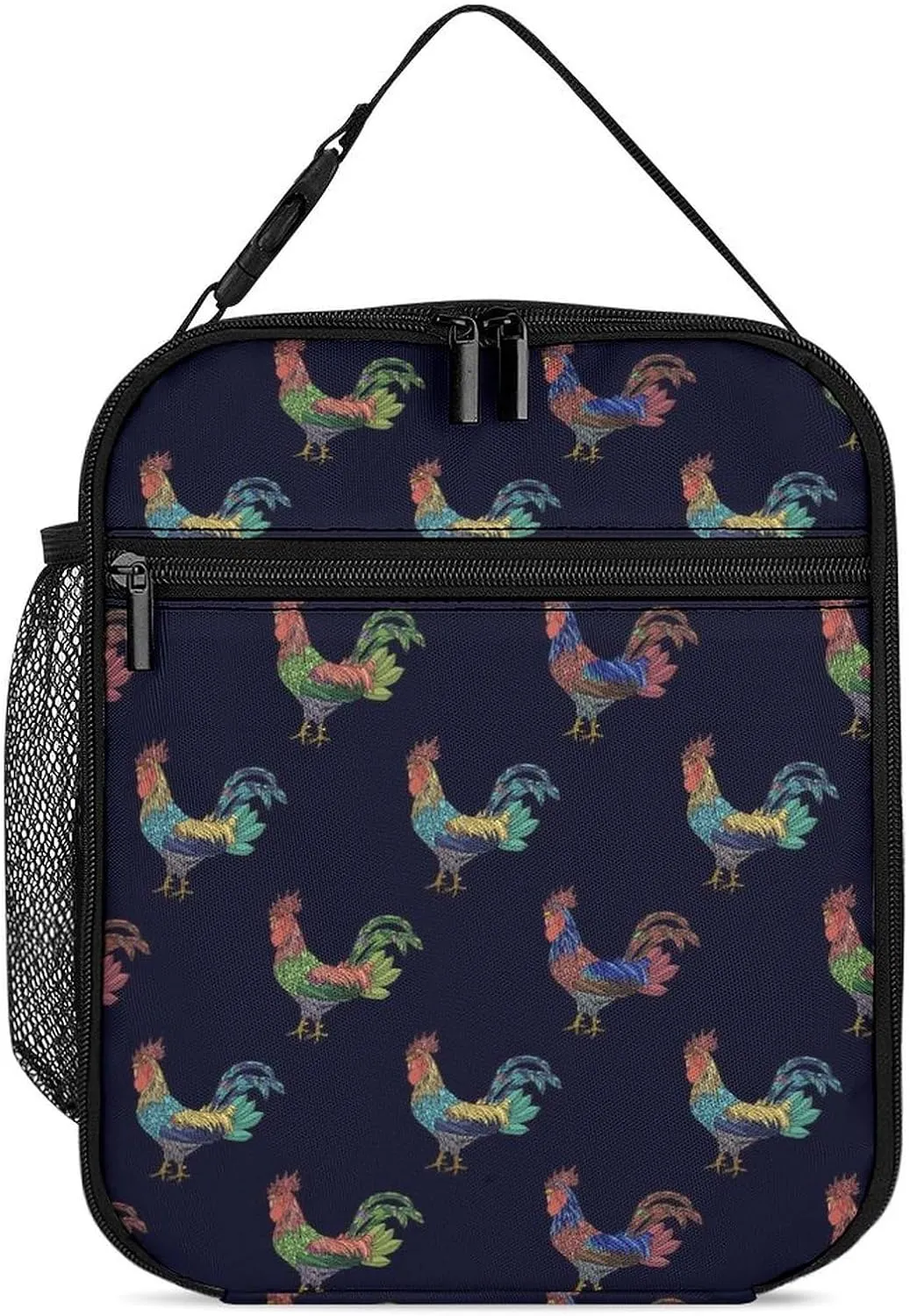 Colorful Ornament with Roosters Reusable Lunch Bag Insulated Portable Lunch Box Bag Leak Proof Dining Bag Lunch Box Container Tote Pattern55