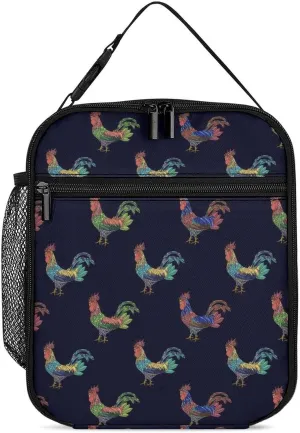 Colorful Ornament with Roosters Reusable Lunch Bag Insulated Portable Lunch Box Bag Leak Proof Dining Bag Lunch Box Container Tote Pattern55