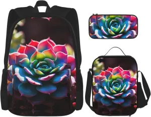 Colorful Succulent Print Stylish Travel Backpack And Lunch Box Set,600d Oxford Fabric,With Insulated Lunch Bag