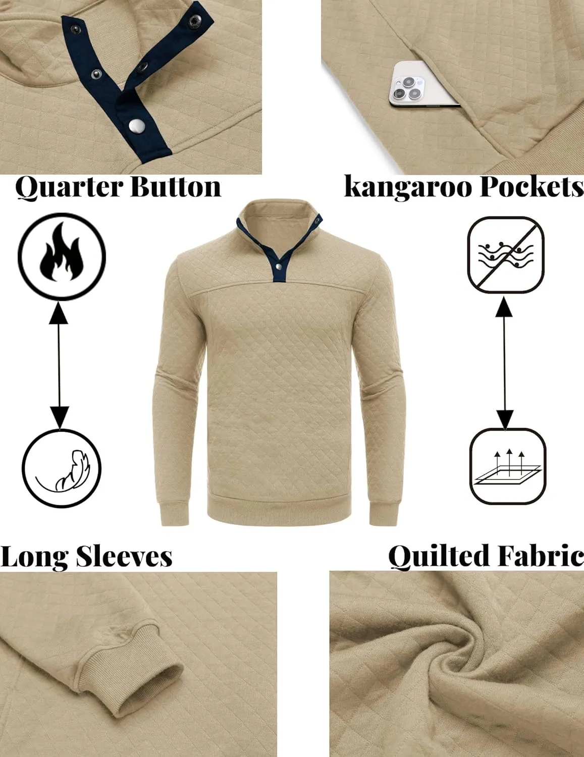 COOFANDY Mens Quarter Sweatshirt Quilted Long Sleeve Mock Neck Active Sweater Waffle Pullover Polo Shirts With Pockets