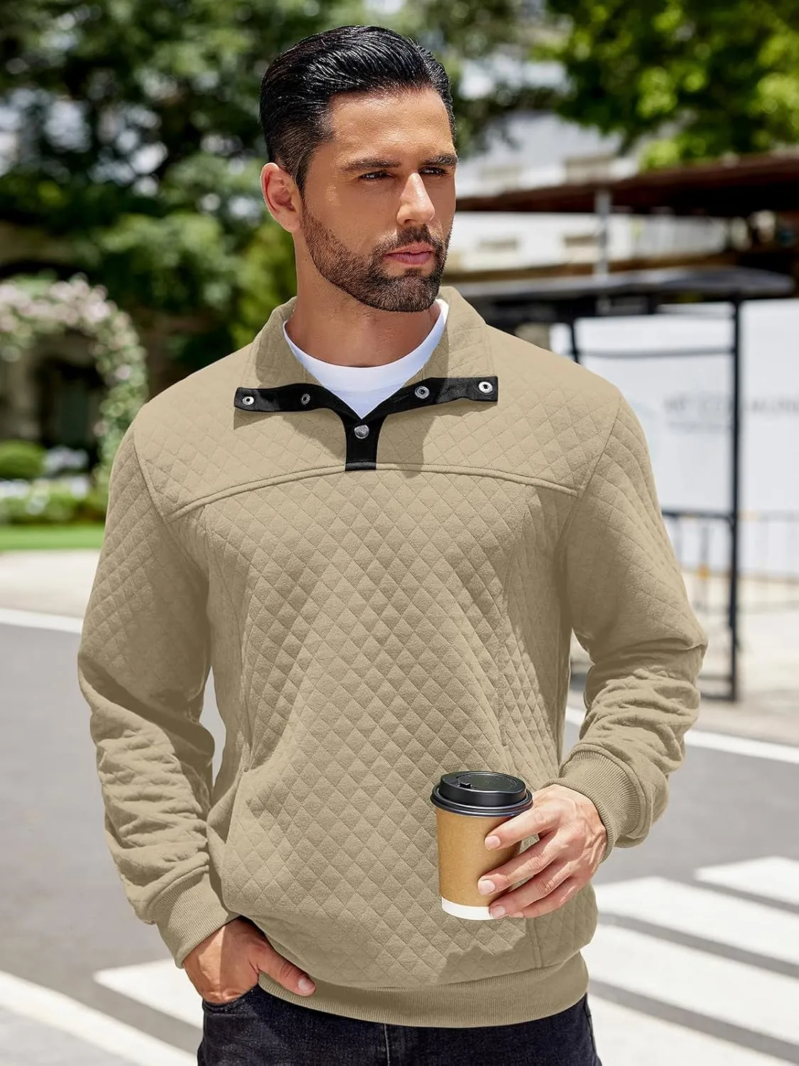 COOFANDY Mens Quarter Sweatshirt Quilted Long Sleeve Mock Neck Active Sweater Waffle Pullover Polo Shirts With Pockets
