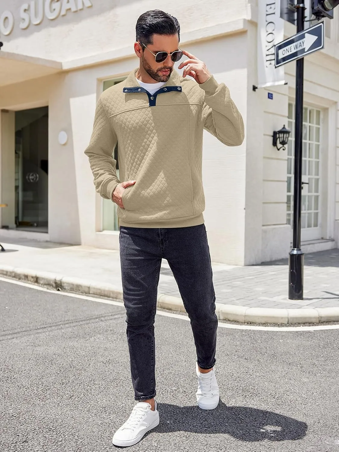 COOFANDY Mens Quarter Sweatshirt Quilted Long Sleeve Mock Neck Active Sweater Waffle Pullover Polo Shirts With Pockets