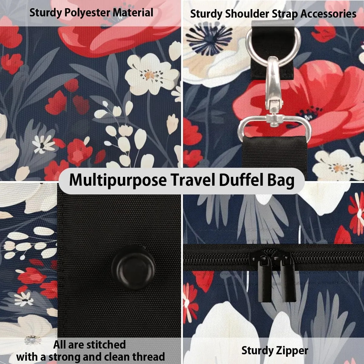 Cool Red Poppy Travel Duffel Bag for Women Men Waterproof Foldable Overnight Weekender Bag Large Capacity Sports Gym Bag