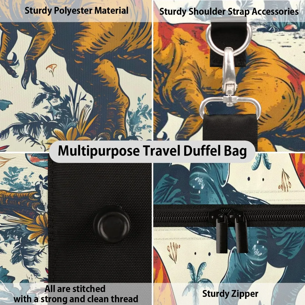 Cool Wild Dinosaur Travel Duffel Bag for Women Men Waterproof Foldable Overnight Weekender Bag Large Capacity Sports Gym Bag