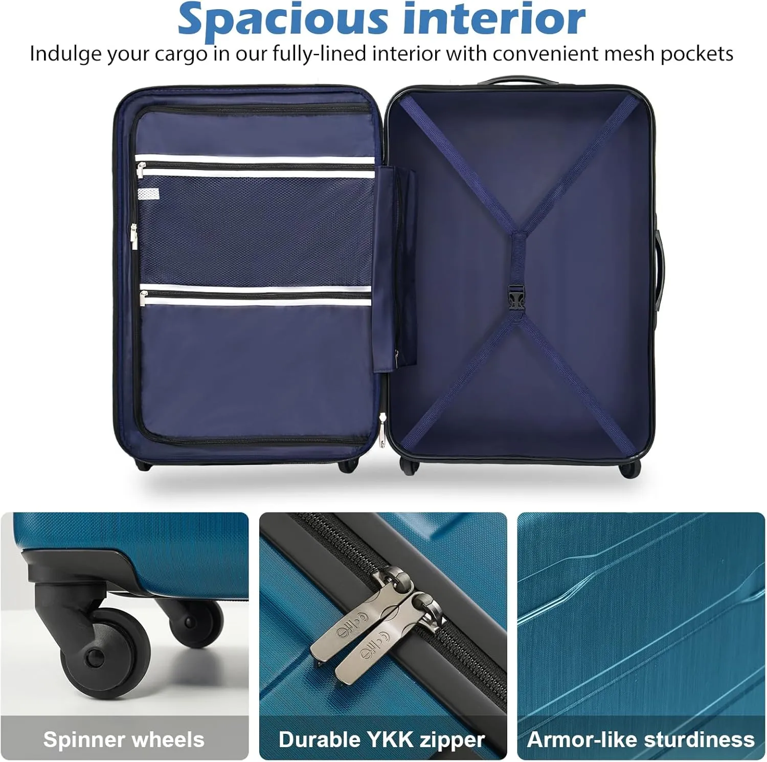 Coolife Luggage Expandable 3 Piece Sets PC ABS Spinner Suitcase 20 inch 24 inch 28 inch (Caribbean Blue., 3 piece set)