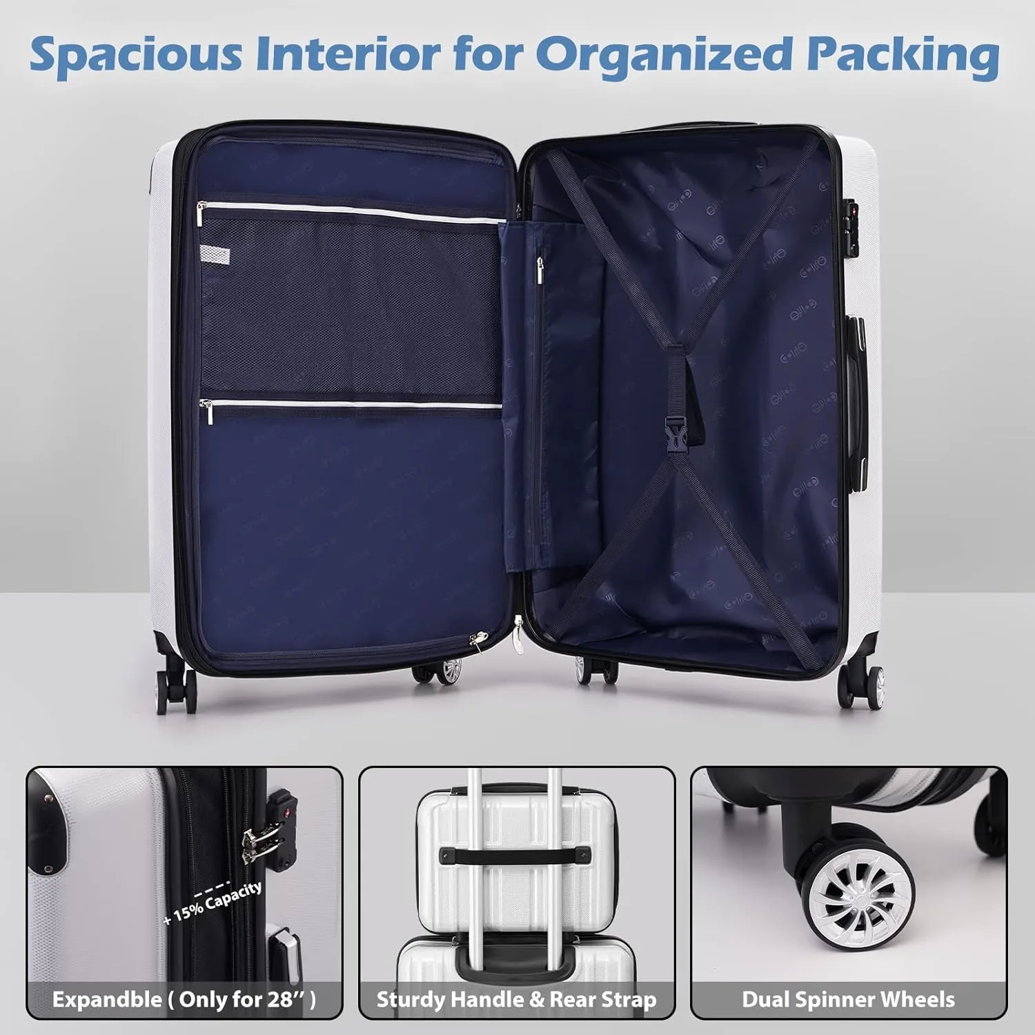 Coolife Luggage Expandable 5 Piece Sets PC ABS Spinner Suitcase 20 inch 24 inch 28 inch (green new)