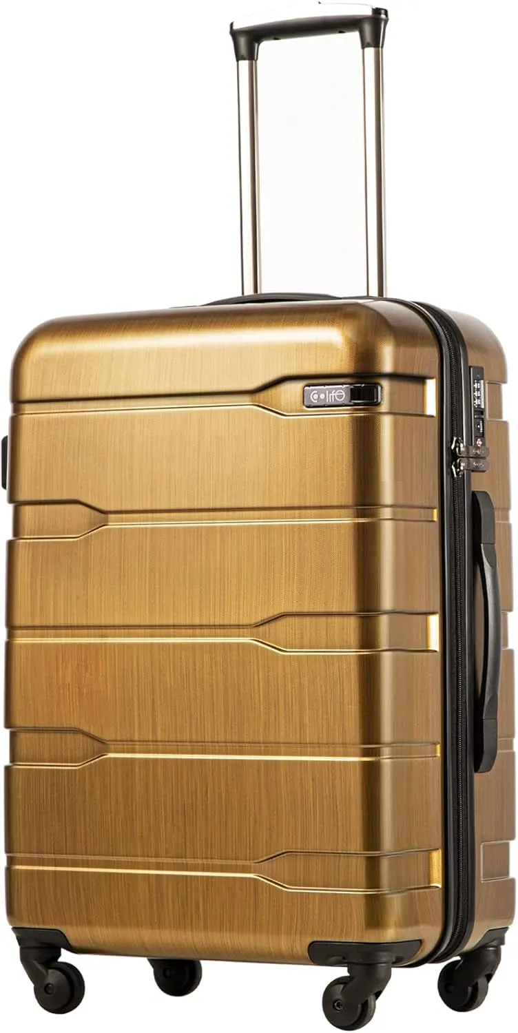 Coolife Luggage Expandable(only 28") Suitcase PC ABS Spinner Built-In TSA lock 20in 24in 28in Carry on (Black brown, L(28in).)