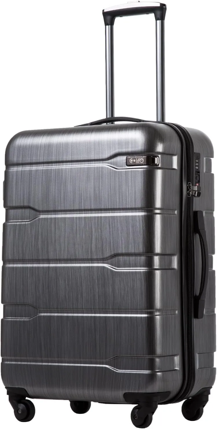 Coolife Luggage Expandable(only 28") Suitcase PC ABS Spinner Built-In TSA lock 20in 24in 28in Carry on (Charcoal., M(24in).)