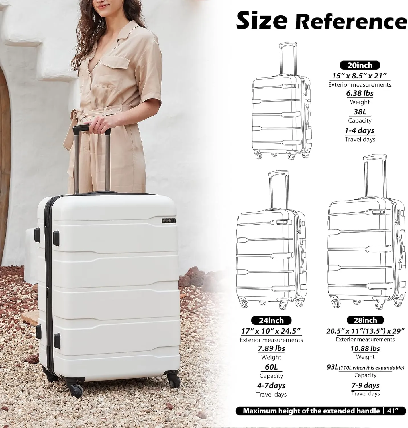 Coolife Luggage Expandable(only 28") Suitcase PC ABS Spinner Built-In TSA lock 20in 24in 28in Carry on (Charcoal., M(24in).)