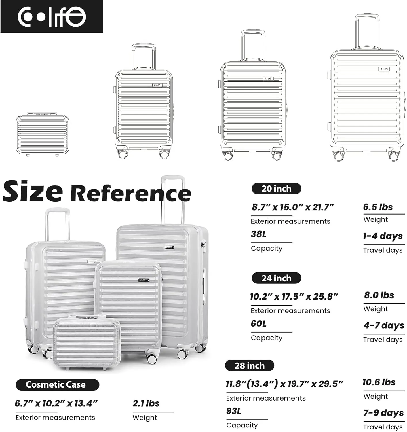 Coolife Luggage Suitcase expandable (only 28”) ABS PC Spinner suitcase with TSA Lock carry on 20 in 24in 28in