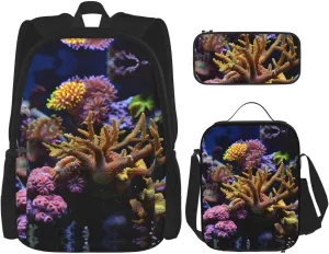 Coral Reef Print Stylish Travel Backpack And Lunch Box Set,600d Oxford Fabric,With Insulated Lunch Bag