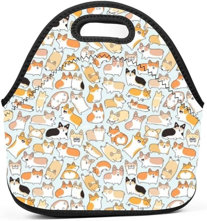 Corgi Dogs Insulated Neoprene Lunch Bag for Men Women and Kids - Reusable Soft Lunch Box for Work and School Water-Resistant 3D Printed