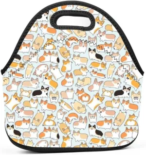 Corgi Dogs Insulated Neoprene Lunch Bag for Men Women and Kids - Reusable Soft Lunch Box for Work and School Water-Resistant 3D Printed