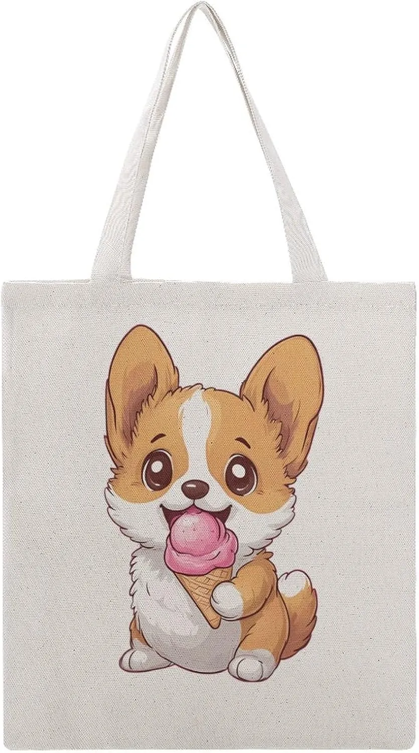 Corgi Puppy Eating Ice-cream Tote Bag Canvas Handbags Large Shoulder Bag Shopping Grocery Bags for Work Travel Shopping