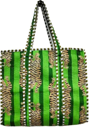 Cotton Quilted Tiger Print Green Tote Bag, Large Handmade Shopping Bag, Quilted Bag For Everyday Use