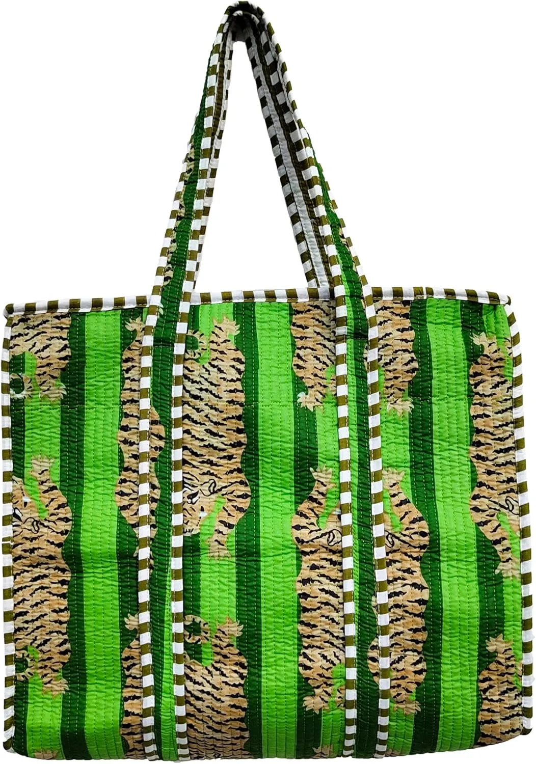 Cotton Quilted Tiger Print Green Tote Bag, Large Handmade Shopping Bag, Quilted Bag For Everyday Use