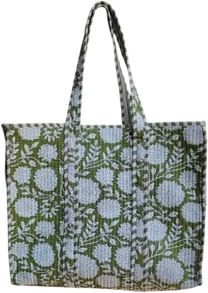Cotton Quilted Tote Bag, Handmade Indian Shopping Shoulder Bag green color flower Print
