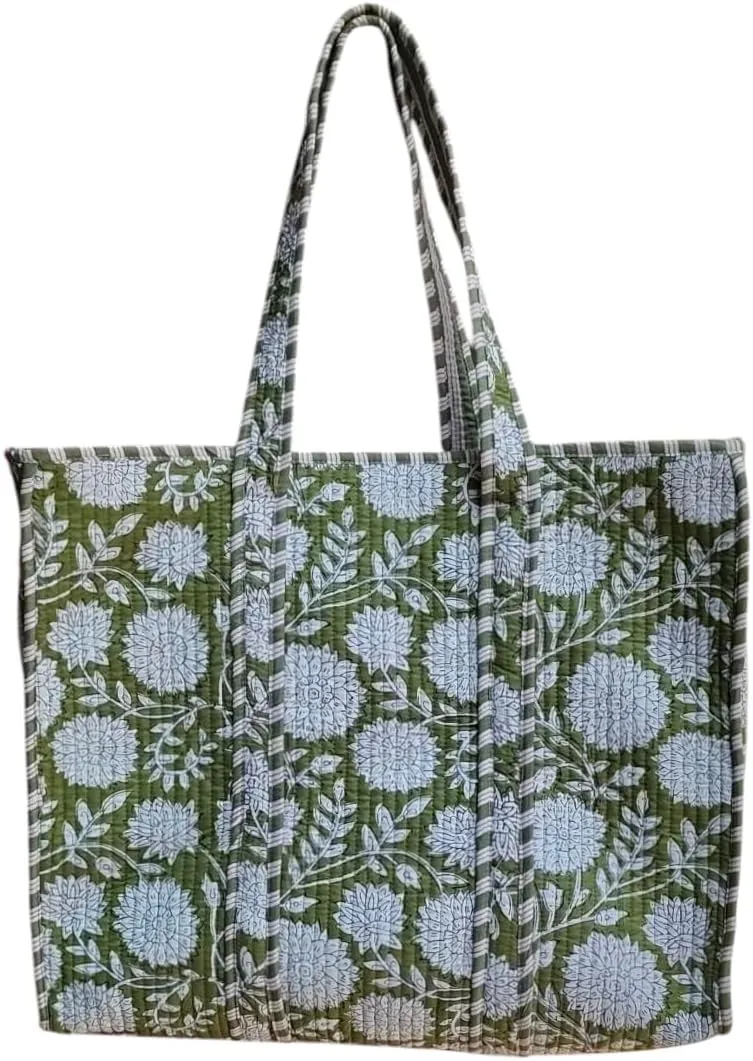Cotton Quilted Tote Bag, Handmade Indian Shopping Shoulder Bag green color flower Print