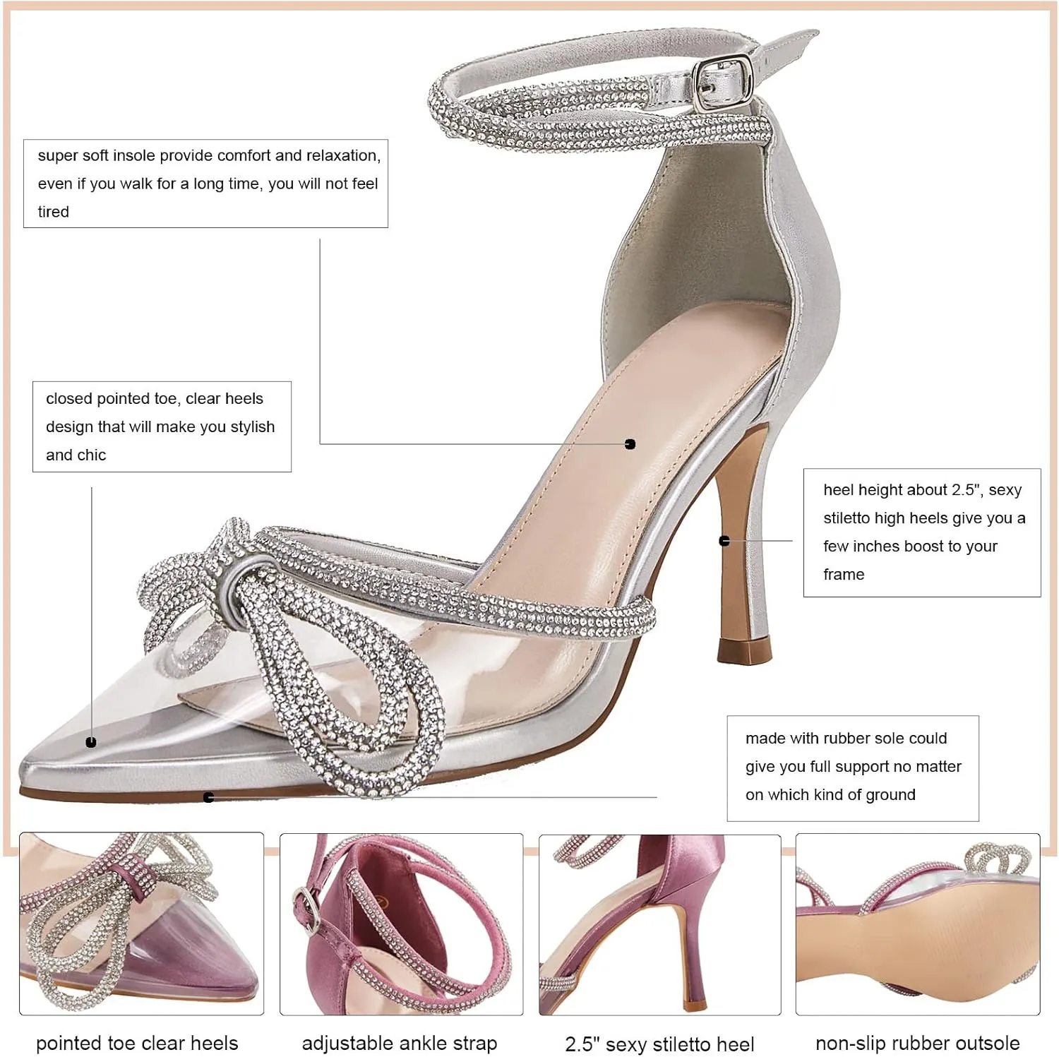 Coutgo Women's Clear Heels Closed Toe Pointed Rhinestone Heels Wedding Bridal Dress Shoes Ankle Strap Mid Heel Stiletto Pumps Shoes