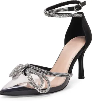 Coutgo Women's Clear Heels Closed Toe Pointed Rhinestone Heels Wedding Bridal Dress Shoes Ankle Strap Mid Heel Stiletto Pumps Shoes