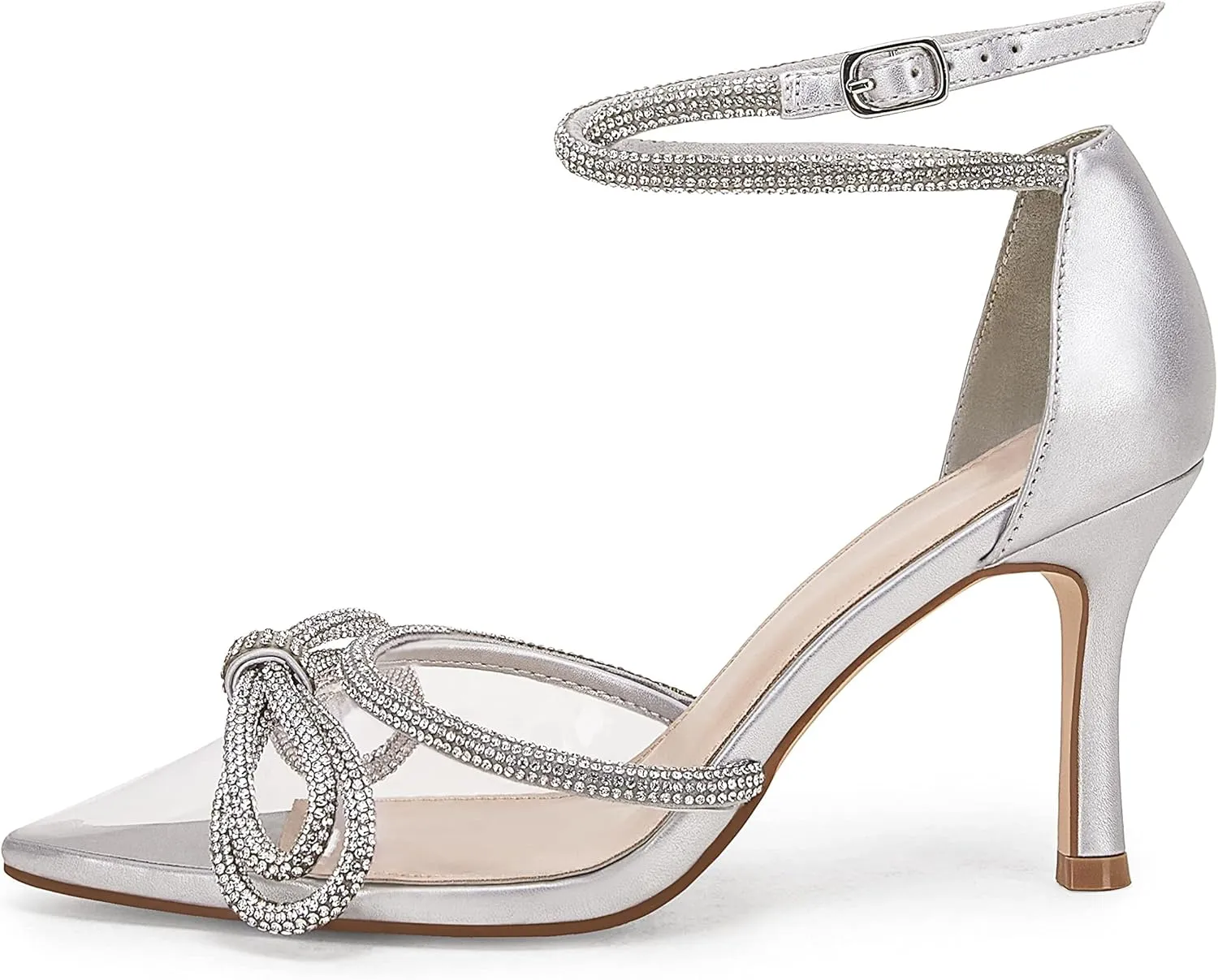 Coutgo Women's Clear Heels Closed Toe Pointed Rhinestone Heels Wedding Bridal Dress Shoes Ankle Strap Mid Heel Stiletto Pumps Shoes