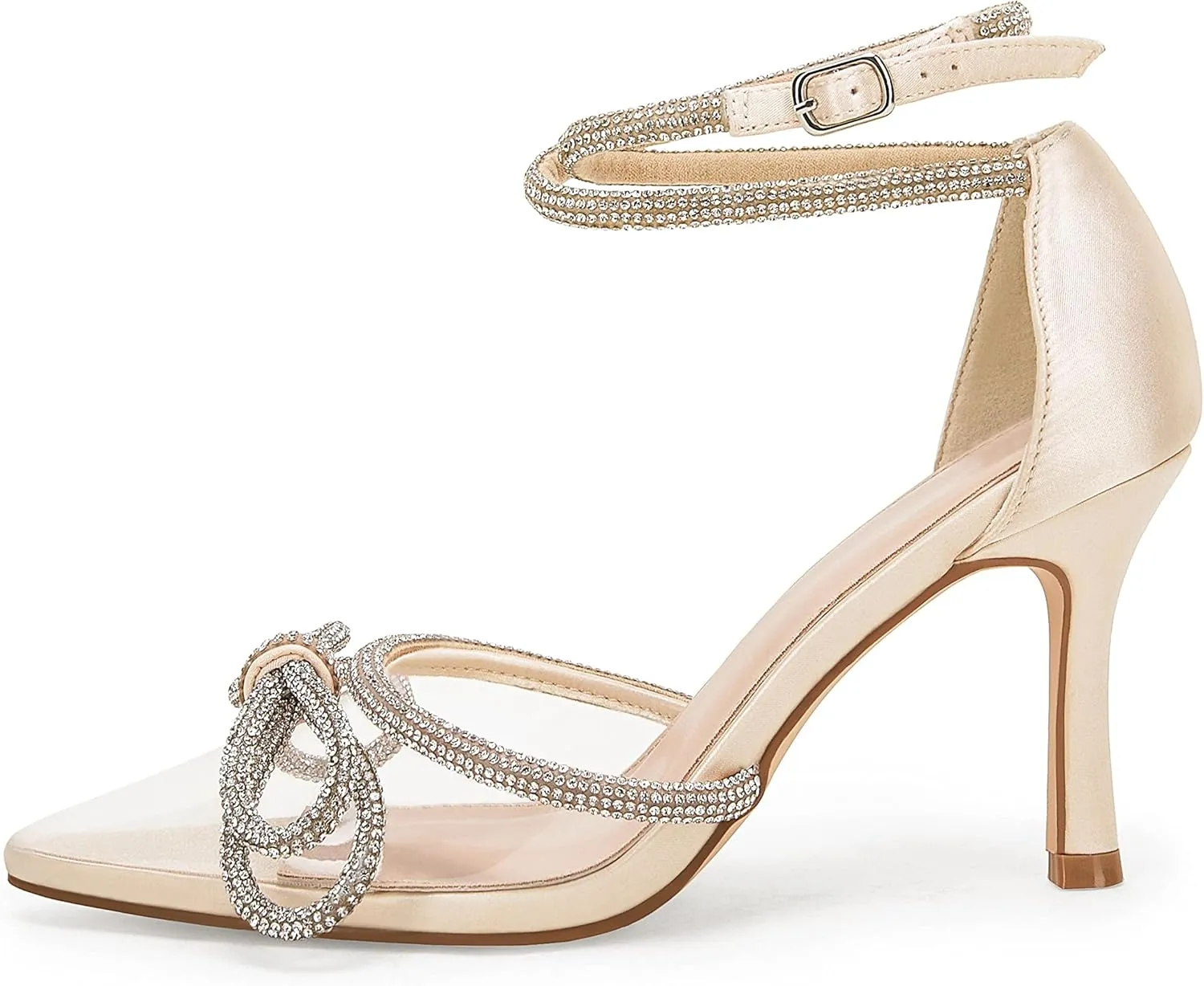 Coutgo Women's Clear Heels Closed Toe Pointed Rhinestone Heels Wedding Bridal Dress Shoes Ankle Strap Mid Heel Stiletto Pumps Shoes