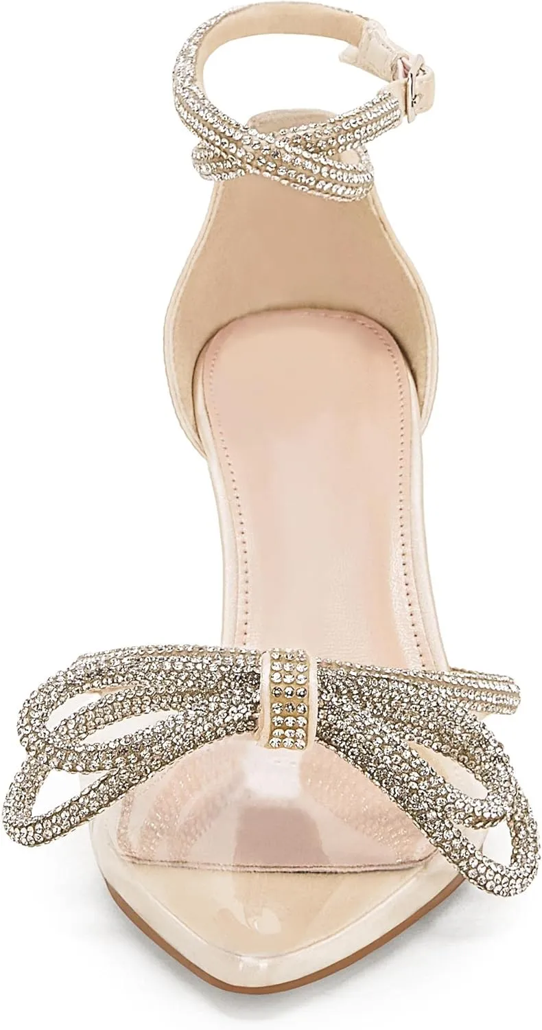 Coutgo Women's Clear Heels Closed Toe Pointed Rhinestone Heels Wedding Bridal Dress Shoes Ankle Strap Mid Heel Stiletto Pumps Shoes