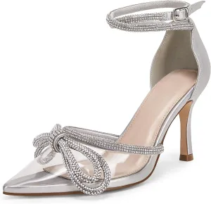 Coutgo Women's Clear Heels Closed Toe Pointed Rhinestone Heels Wedding Bridal Dress Shoes Ankle Strap Mid Heel Stiletto Pumps Shoes
