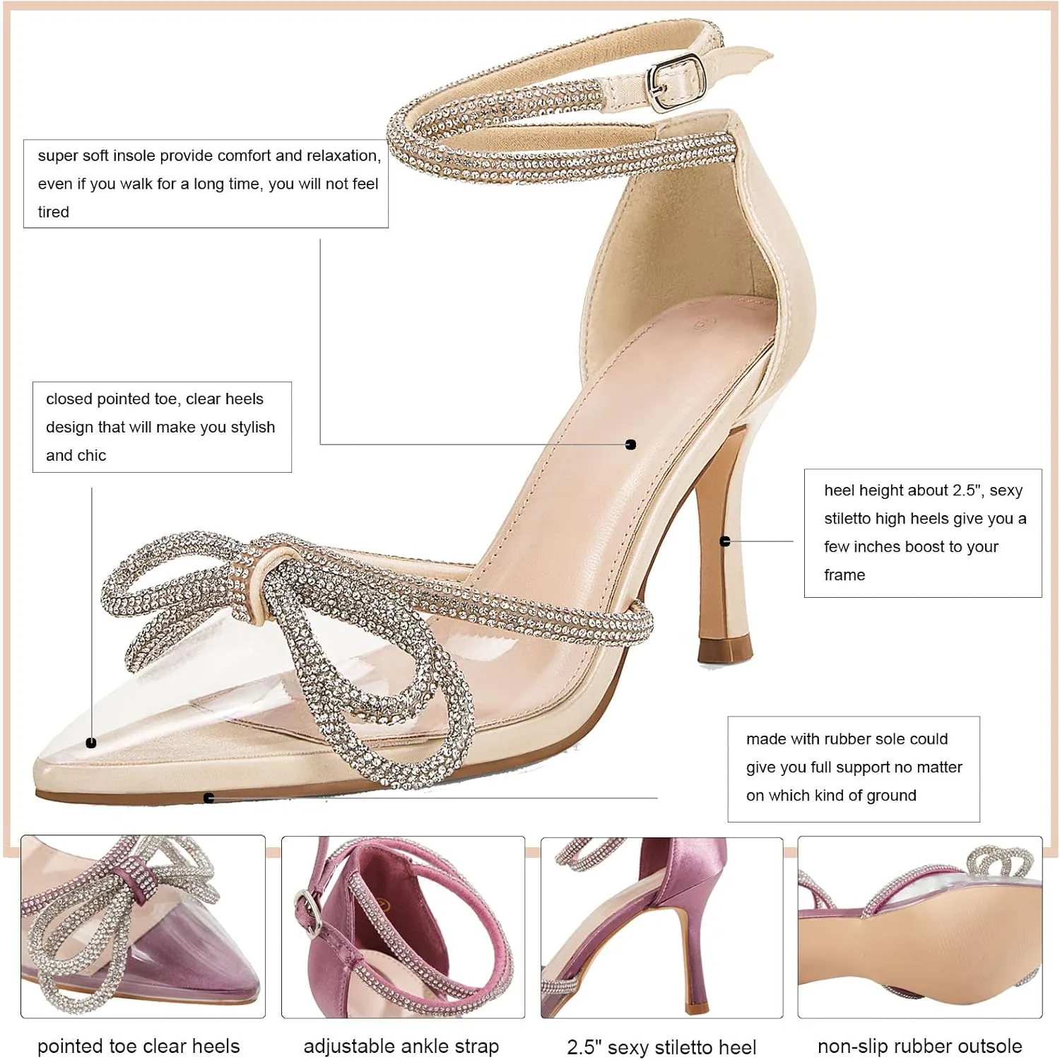 Coutgo Women's Clear Heels Closed Toe Pointed Rhinestone Heels Wedding Bridal Dress Shoes Ankle Strap Mid Heel Stiletto Pumps Shoes