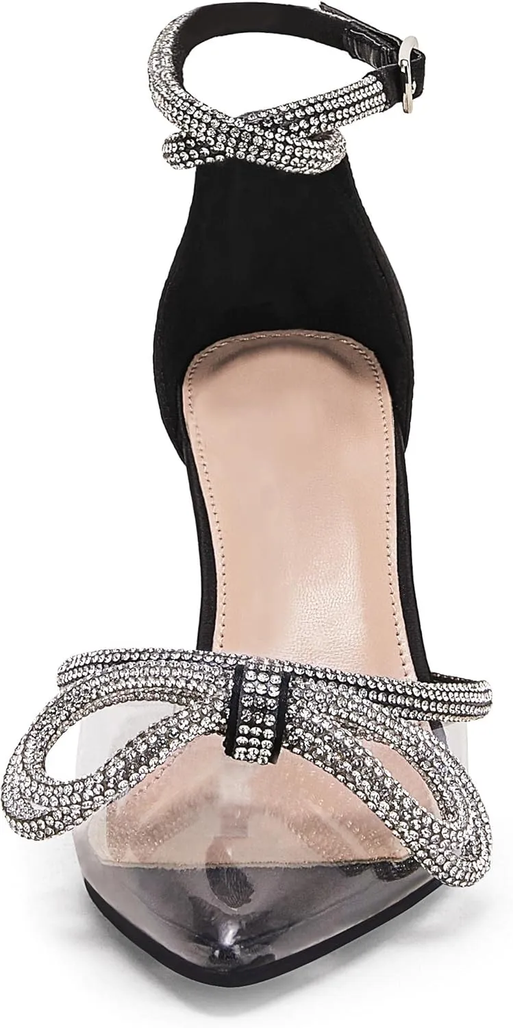 Coutgo Women's Clear Heels Closed Toe Pointed Rhinestone Heels Wedding Bridal Dress Shoes Ankle Strap Mid Heel Stiletto Pumps Shoes