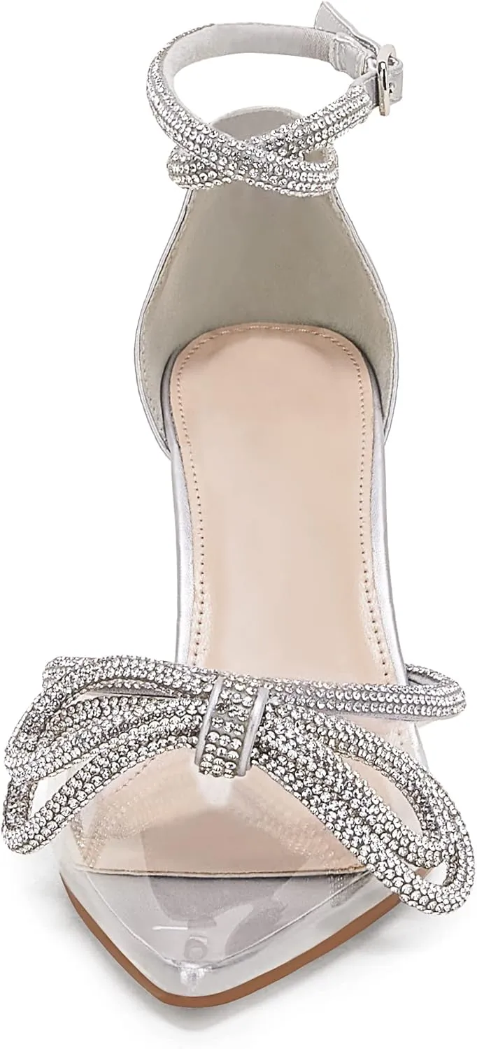 Coutgo Women's Clear Heels Closed Toe Pointed Rhinestone Heels Wedding Bridal Dress Shoes Ankle Strap Mid Heel Stiletto Pumps Shoes