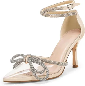 Coutgo Women's Clear Heels Closed Toe Pointed Rhinestone Heels Wedding Bridal Dress Shoes Ankle Strap Mid Heel Stiletto Pumps Shoes