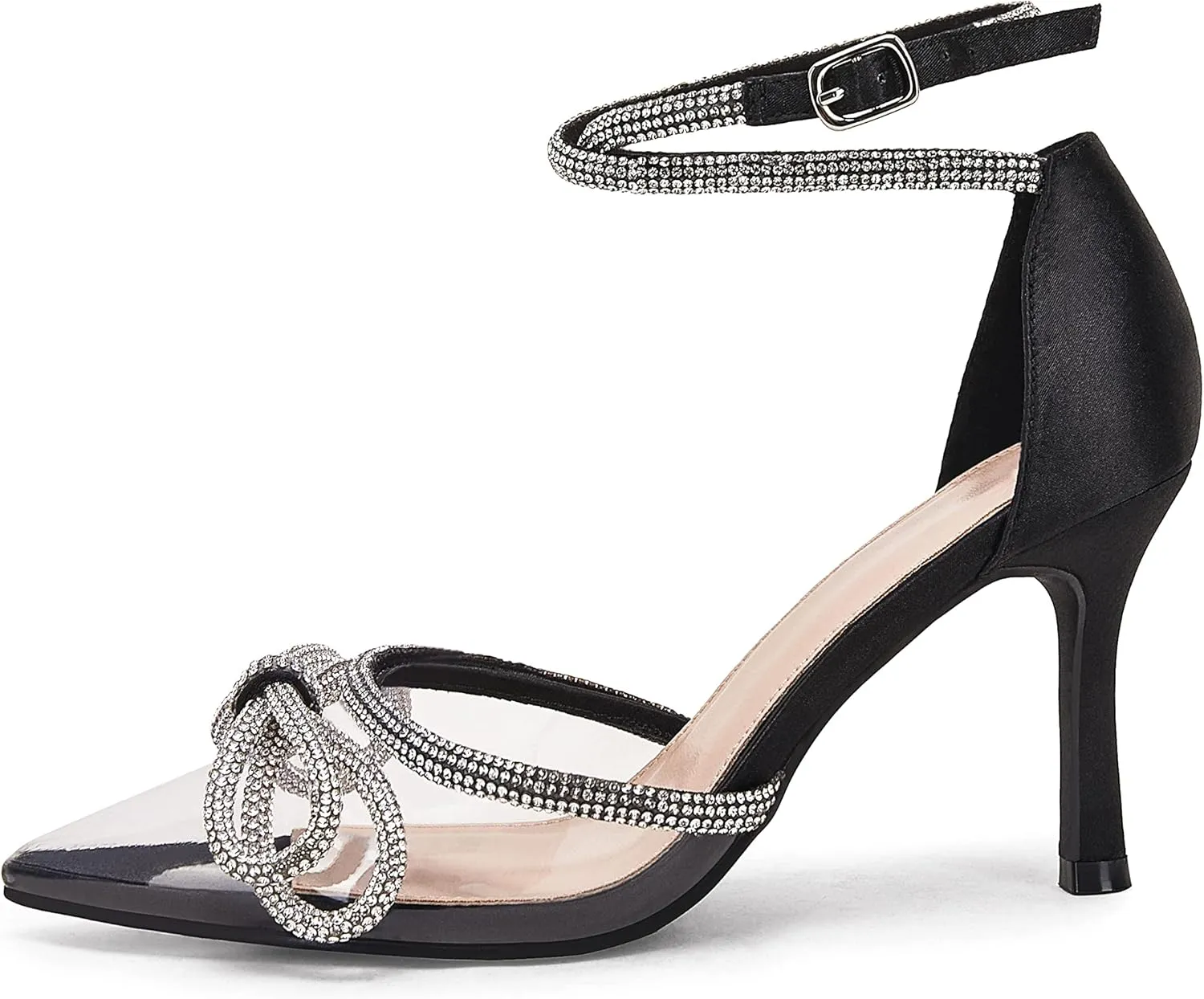 Coutgo Women's Clear Heels Closed Toe Pointed Rhinestone Heels Wedding Bridal Dress Shoes Ankle Strap Mid Heel Stiletto Pumps Shoes