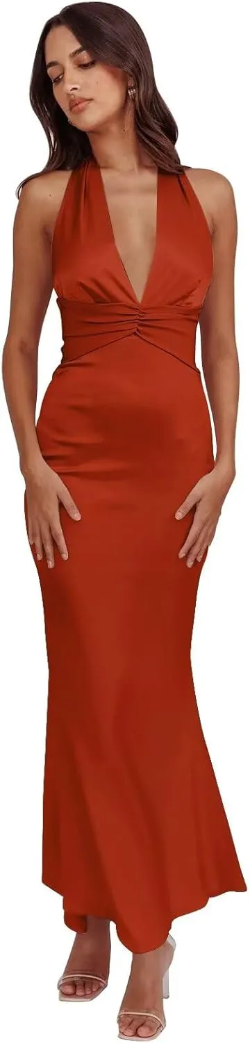 Cudiew Satin Bridesmaid Dresses Deep V Neck Prom Dress for Women Halter Self Tie Backless Formal Evening Party Gown