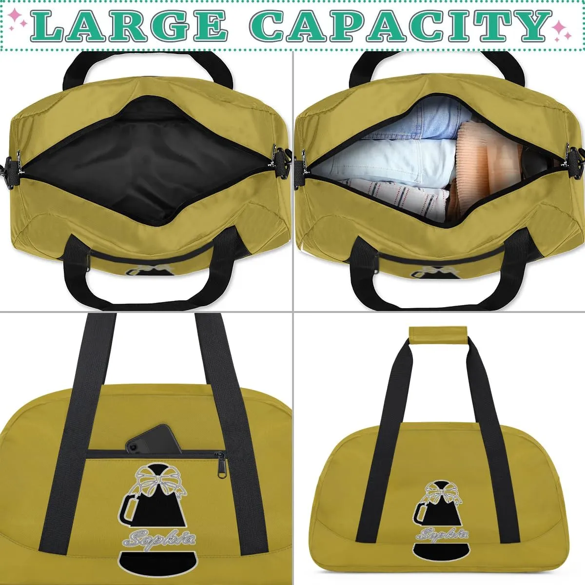 Custom Cheer Duffel Bags, Personalized Dance Sport Bags with Name, Customized Cheerleader Travel Bag Overnight Weekender Bags, Brown Gymnastics Gifts