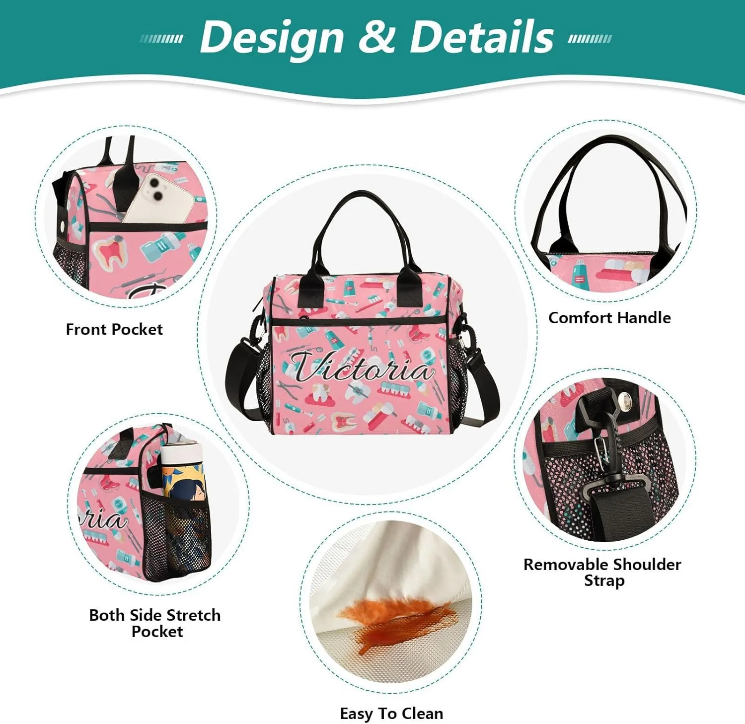Custom Lunch Bag for Men Women Dentist Equipment Pink Personalized Insulated Lunch Box Customized Cooler Tote Food Container for School Office Picnic M