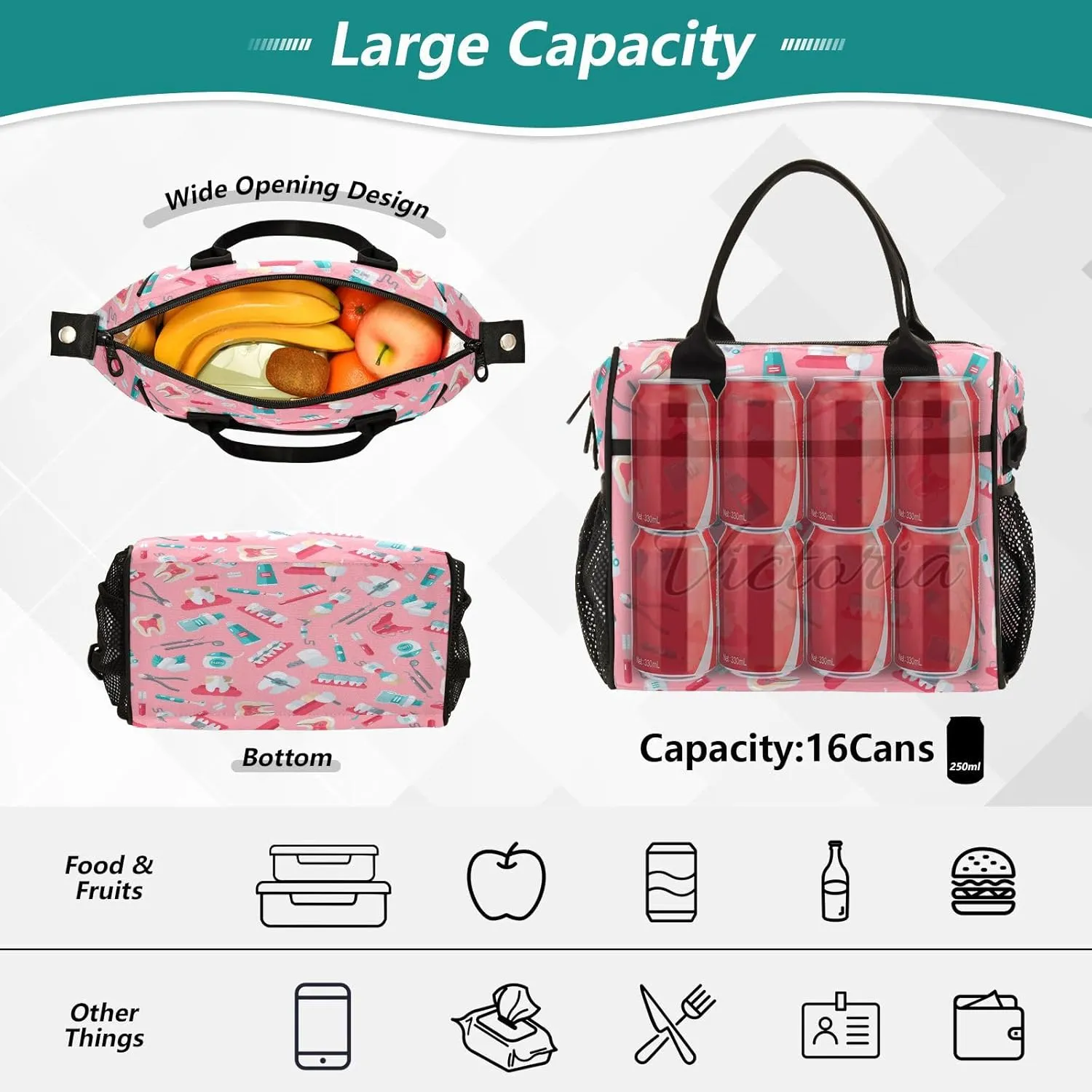 Custom Lunch Bag for Men Women Dentist Equipment Pink Personalized Insulated Lunch Box Customized Cooler Tote Food Container for School Office Picnic M
