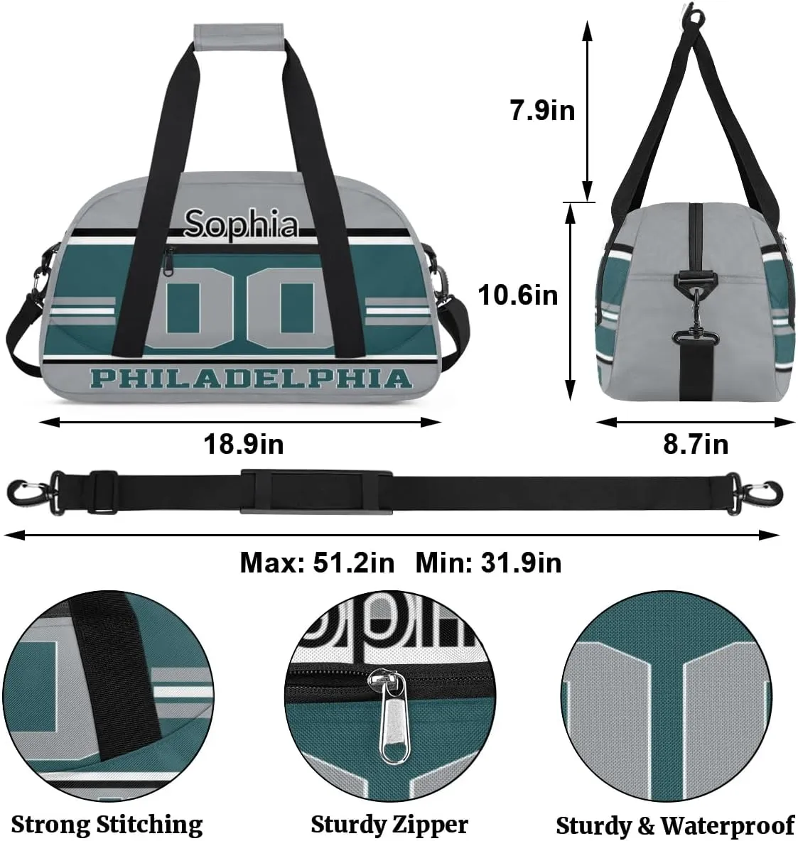 Custom Name American Football Sports Bag, Personalized Rugby Balls Sports Gym Duffel Bag, Travel Weekender Tote Carry-On Training Perform Bag, Philadelphia