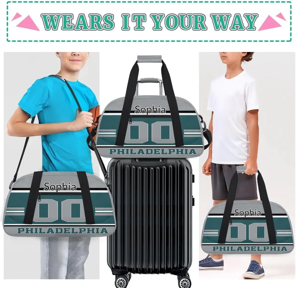 Custom Name American Football Sports Bag, Personalized Rugby Balls Sports Gym Duffel Bag, Travel Weekender Tote Carry-On Training Perform Bag, Philadelphia