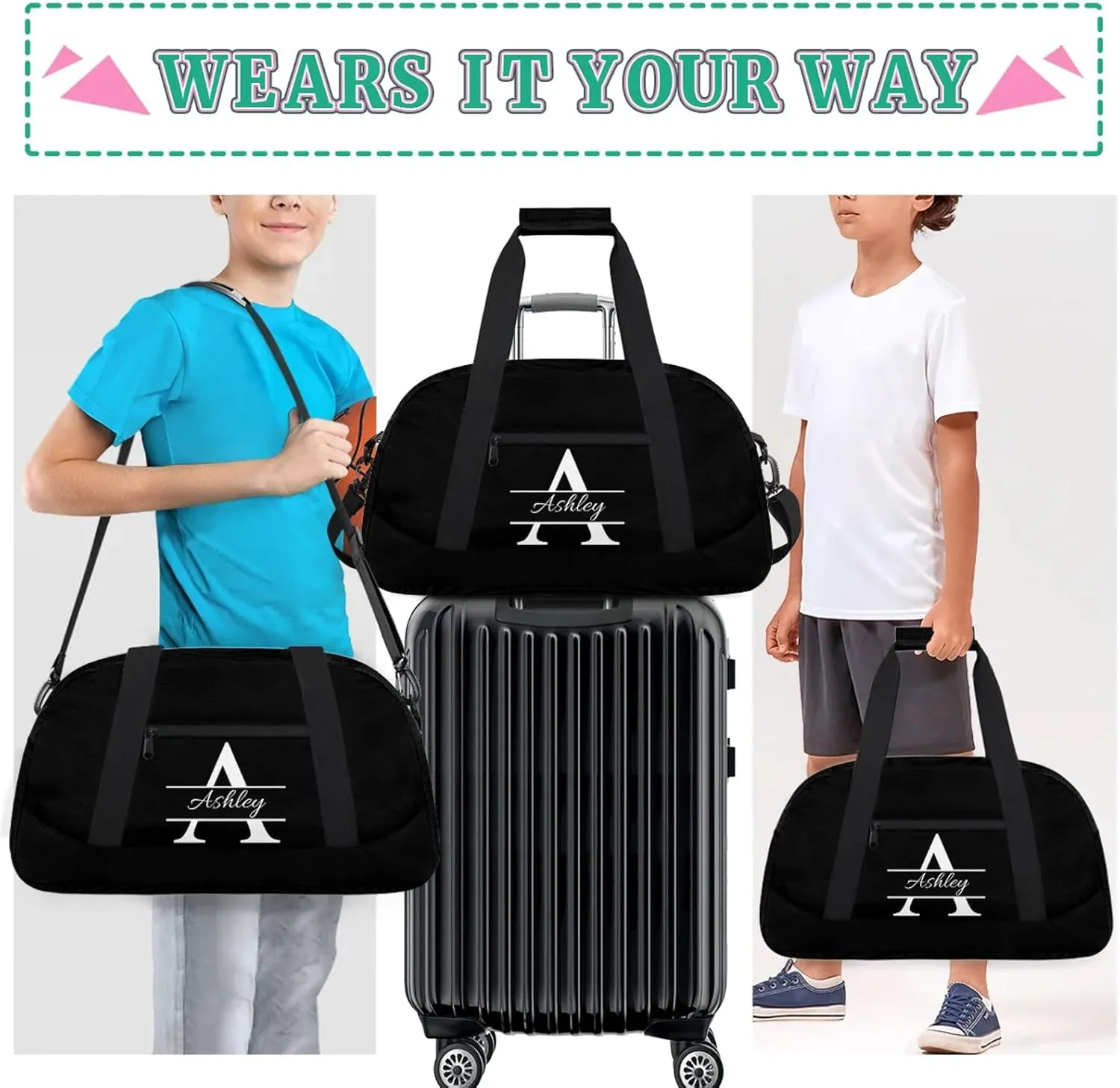 Custom Sports Duffel Bag Personalized Name Dance Gym Bag for Women Men Overnight Weekender Travel Duffel Bags Lightweight 18.9in, Pure Black
